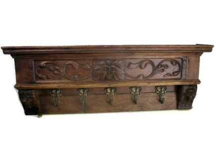 Gothic Gorgeous Antique Hand Carved Wood Oak Coat Hat Rack Lion Heads Ornate
