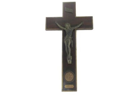 Vintage Ornate hand Carved Wood   Hanging Crucifix Cross Brass Corpus Jesus Christ Semper Dedication