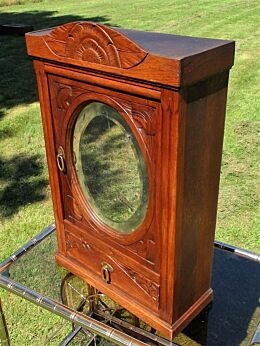 Antique Hand Carved Massive Oak medicine bathroom Cabinet Beveled Oval Mirror