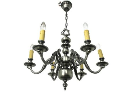 Flemish Dutch Style Chandelier 6 Arm Lights Pewter Country Barn Farmhouse Style
