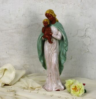 Statue Virgin Mary Madonna Infant Child Glazed Terracotta Collector 16.92"