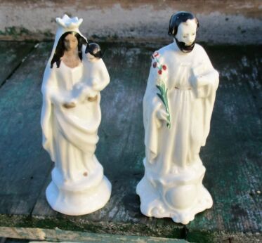 2 Porcelain Antique Virgin Mary Madonna with Child Saint Joseph Statuettes