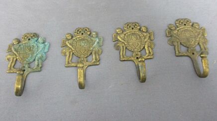 set of 4 Antique Brass Hooks Architectural Reclaimed Trims Moldings Angels Shield