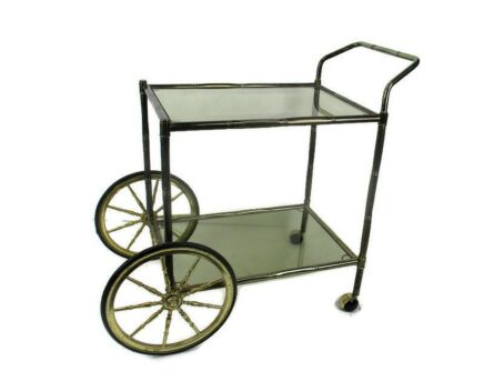 Bar Cocktail Tea Cart Trolley Hollywood Regency Kitchen Island Brass Bamboo Style Smoked Glass