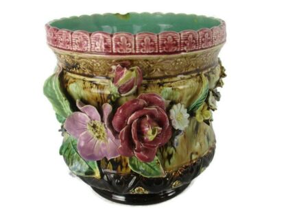 Planter Cache Pot  French Pottery Faience Majolica Flowers Antique  Art Nouveau  Gorgeous