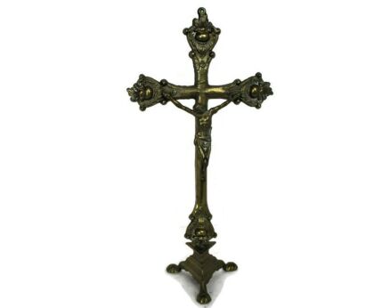 Brass Table Standing Crucifix Cross Jesus Christ Calvary Ornate 15.15"