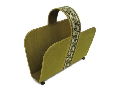Magazine Newspaper Basket Rack Hollywood Regency brass Lion Feet, fabric mid century Modern