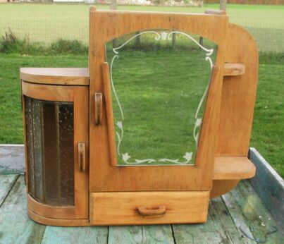 Art Deco Wood Apothecary Bathroom Medicine Wall Cabinet bubbled Glass Very Rare