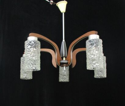 Mid Century Spider Chandelier 5 Lights Arms Wood Brass Bubbled Glass Shades