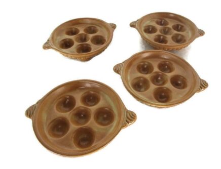 Set of 4 French Escargots Snail Plates Dishes Terra Cotta Brown Stylish