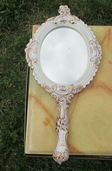 Vintage Italian Bassano Hand Mirror Ceramics Ornate Flowers Lilac Romantic NOS