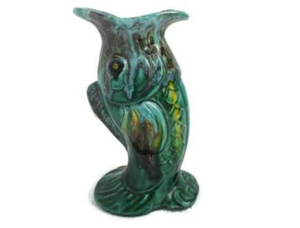 French Vallauris  Fish  Vase Pitcher  Ceramic Pottery hand Painted Green Marked