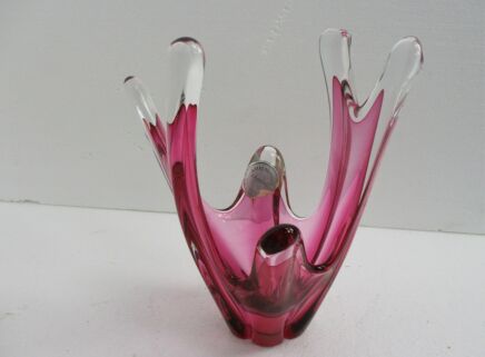 Beautiful Art Glass Centerpiece Bowl Fruit Dish Cranberry Clear Val St Lambert Marked