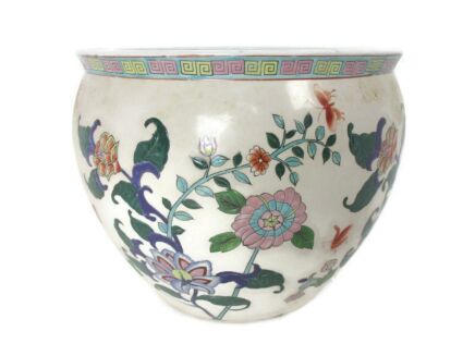 XL Vintage Chinese Porcelain Enamel Famille Rose Koi Fish Bowl Planter Vase  Cachepot Flowers Flowers Enamel  Stunning