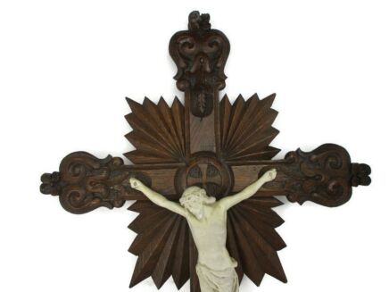 XL Hand Carved Wood Hanging Ornate Crucifix Plaster Corpus Sunburst 26.37"