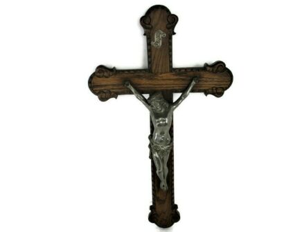 Large Hand Carved Wood Oak Hanging Crucifix Cross Jesus Christ Faux Brass  Corpus Hobnails Gorgeous Decorative 23.62"