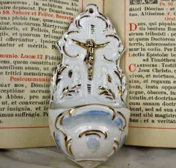 Vintage Holy Water Font Porcelain Crucifix Jesus Angels Vessel Wall Hanging