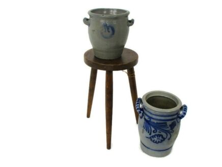 Couple Antique French Stoneware Earthenware Crock Jars Lard Cobalt gray Planters Flower Pots Herbs Farmhouse Country Barn Cottage Style