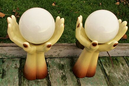 Couple Vintage Wall Lamps NOS Ball Bulb lamps Hands Italian Brown White 70s