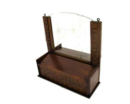 Antique Hand Carved Wood Comb Box Wall hanging Cabinet Mirror 1920s Lovely