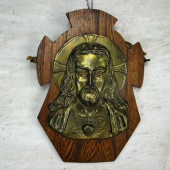Wall Plaque Brass on Wood Jesus Head of Thorns Holy Heart art deco