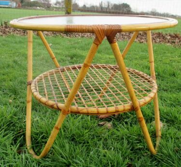Authentic Rattan Mid Century Modern Round Wicker Coffee Table Glass Table top