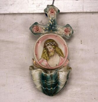 Antique French Holy Water Font Bisque Porcelain Jesus Christ Crucifix 7.87"