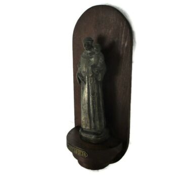 St Anthony St Antonius Padua Statue Finder Lost Articles Infant Child on niche Small Wall Hanging Vintage Spelter Wood