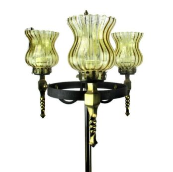 Floor Standing Lamp Hollywood Regency Wrought Iron Amber Swirled glass 3 shades