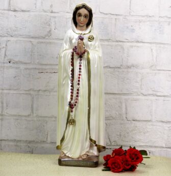 Statue Maria Rosa Mystica Montichiari 1980's Italian Plaster Vintage 18.89"