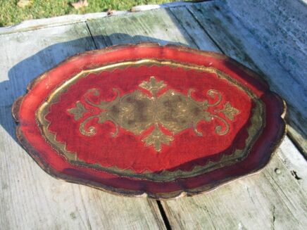 Small Italian Mid Century Hollywood Regency Florentine Serving Tray Red Oval