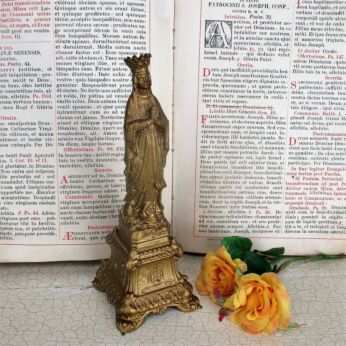 Beautiful Statue Virgin Mary Our Lady of Lourdes French Gold Paint Spelter 8.85"