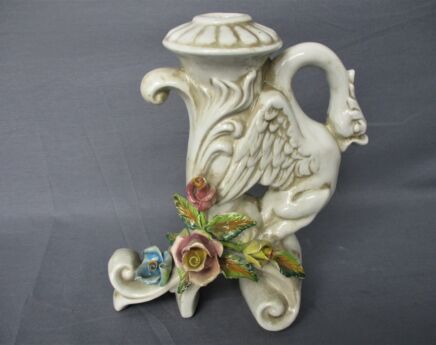 Italian Bassano Candle Holder Dragon Flowers Italy Marked Lovely Porcelain