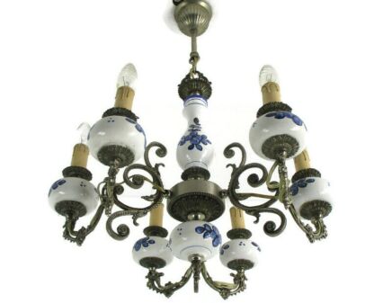 Delft Style Blue White Porcelain Ornate Brass Chandelier Dutch 6 Lights Arms