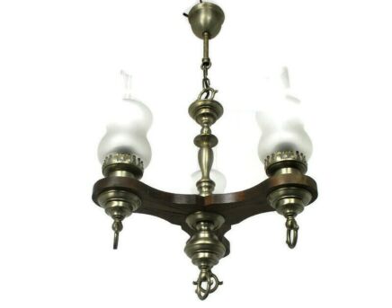 Chandelier Wood Art Glass Shades Atomic Scandinavian Style Modernist 3 lights