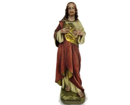 Antique Altar Statue Jesus Christ Savior Sacred Heart Neo Gothic 1900 Plaster Polychrome Signed Parentani 14.17"