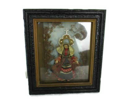 Antique 1800s Folk Art hand Made  Our Lady  Madonna Regina Virgin Mary Shadow Box