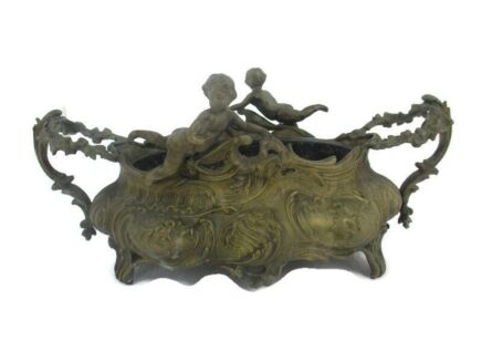 Art Nouveau French Planter Jardinière Ornate Embossed Centerpiece Brass Putti Cherubs