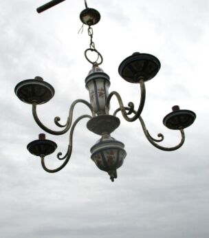 Vintage French Porcelain Chandelier Light Lamp Blue Brass Ceiling