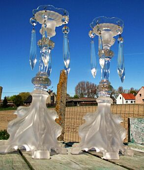 Antique Couple Pair of Glass Candle Holders Prisms Birds Gorgeous Rare