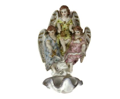 XL Holy Water Font Vessel Angels Bisque Porcelain Marked HTF Gorgeous 10.82"