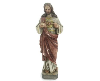Statue Jesus Christ Savior Holy Heart Stoneware Polychrome HTF Collector Vintage