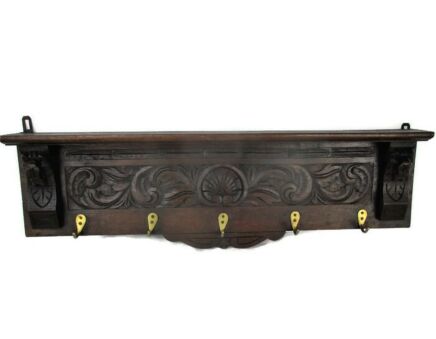 Gorgeous Hand Carved Wood Coat Hat Kitchen Hallway Rack Ornate Lion Heads