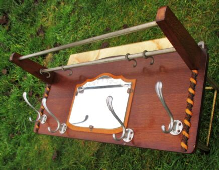 Vintage Wooden Wall Rack Shelf Coat Hooks Hat Kitchen Mirror Mid Century