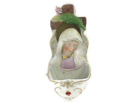 porcelain Bisque Holy Water Font Vessel Virgin Mary Our Lady of Sorrows  Wall Hanging Antique