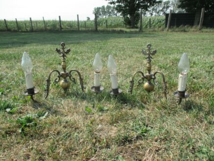 Pair of Vintage Large Flemish Brass Two-Arm Wall Sconces Fish Dragon