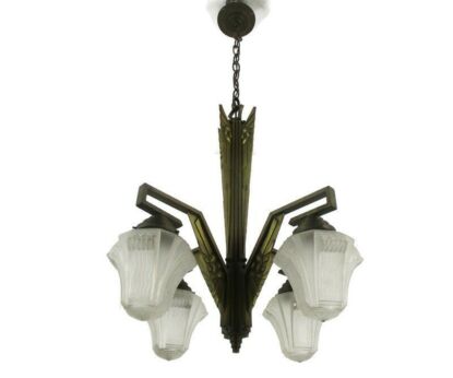 Art Nouveau 4 Arms Lights Chandelier Lamp Art Deco Glass Shades Gorgeous Antique