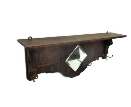 Hand Carved Wood Beveled Glass Wall Shelf Coat Hat Kitchen Rack Lion Heads