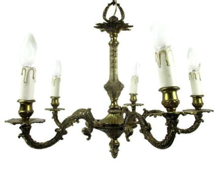 French Hollywood Regency Embossed Brass Chandelier Ornate 6 Lights Grapes Lovely