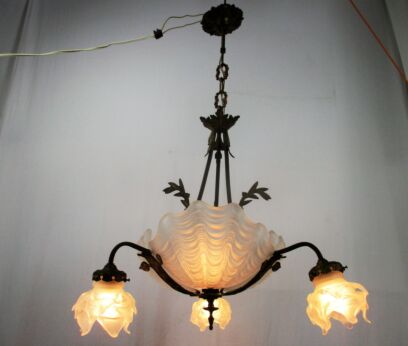 Art Nouveau Deco French Chandelier Pendant Tulip Slip Shades 4 lights Beautiful